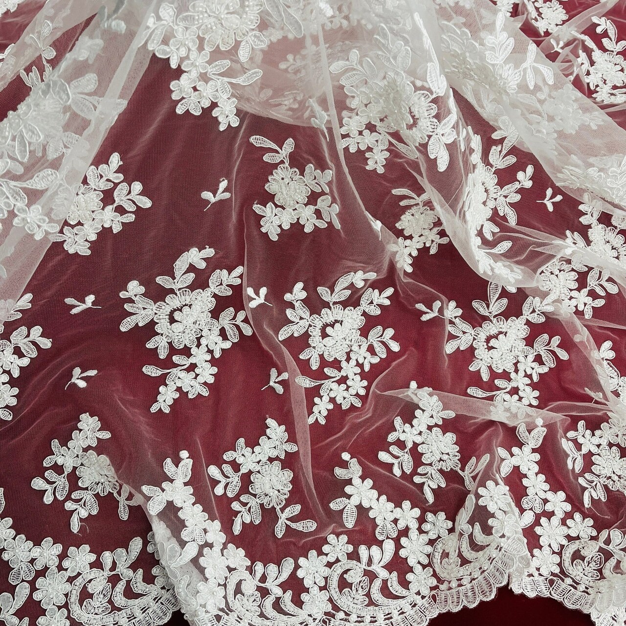 1 Yard Luxurious Beaded and Corded Bridal Lace Fabric Embroidered on 100% Polyester Net Mesh 52 inch Width